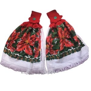 Set of 2 VTG Poinsettia Terry Hand Kitchen Dish Towel Knit Crochet Hanging Holly